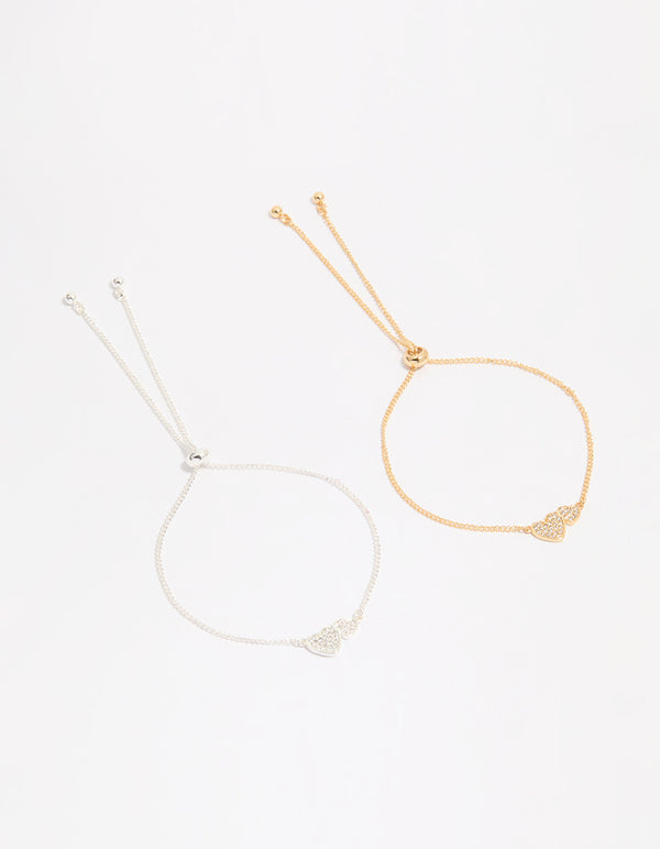 Mixed Metal Cubic Zirconia Linked Hearts Toggle Bracelets 2-Pack