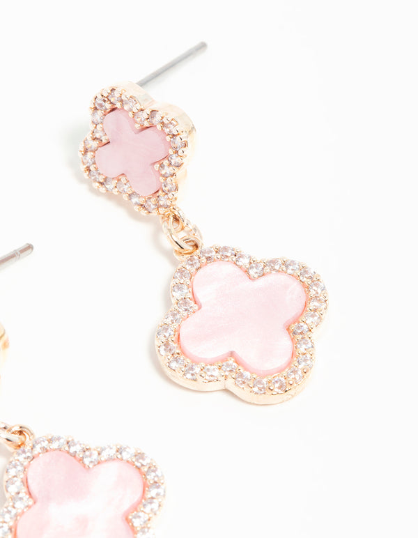 Rose Gold Cubic Zirconia Pink Flower Drop Earrings