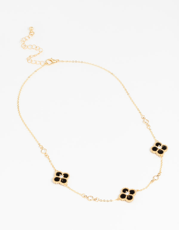 Gold Plated Cubic Zirconia Black Flower Pendant Necklace