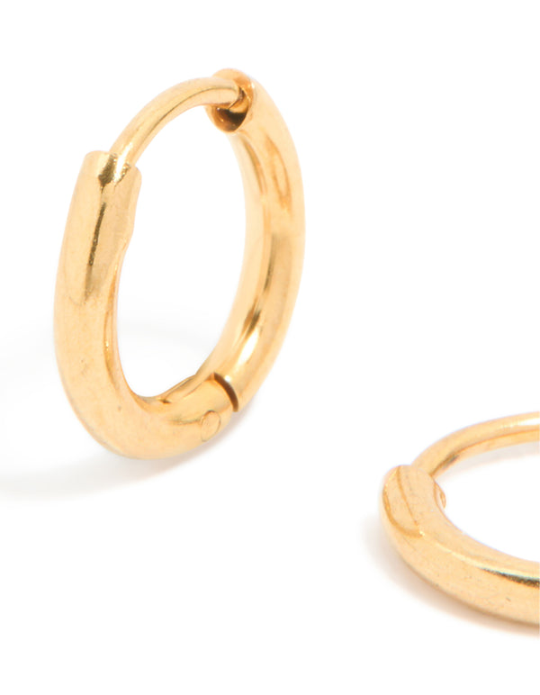 Designed with waterproof gold plated stainless steel clicker huggie earrings 8MM close up view