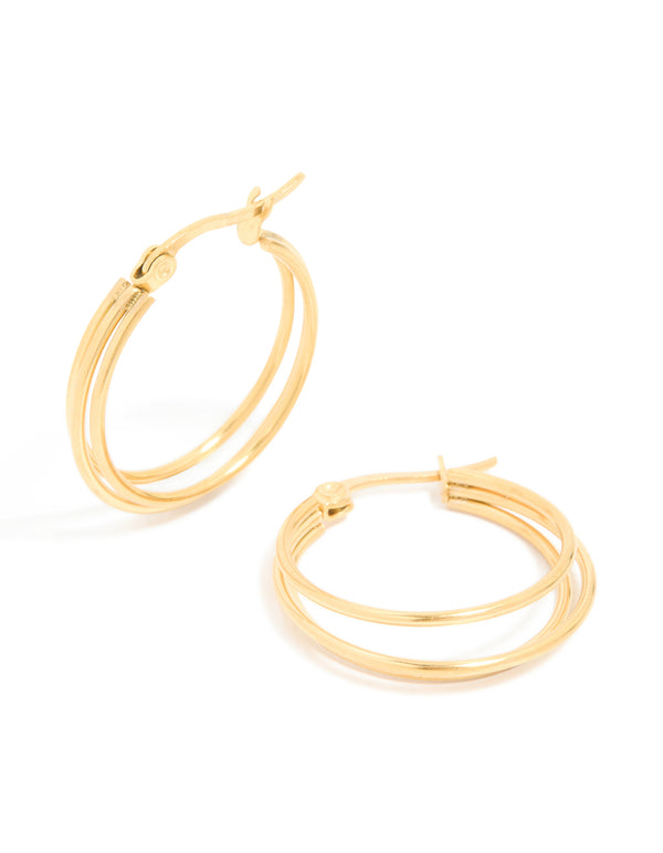 Showcasing waterproof gold plated stainless steel double hoop earrings in gold front view