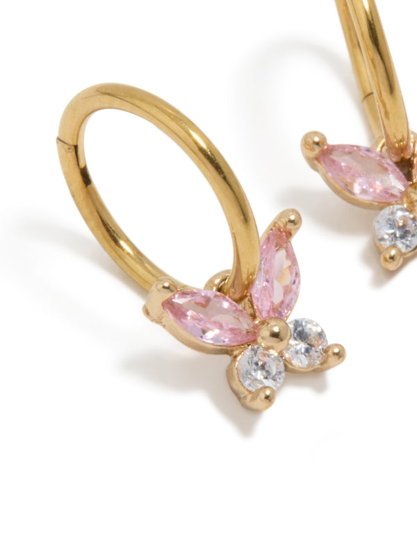 Gold Plated Surgical Steel Pink Cubic Zirconia Butterfly Sleeper Earrings