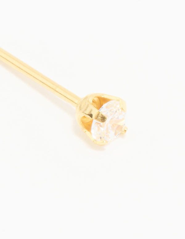 Featuring a 24K gold plated surgical stainless steel 3MM piercing stud with cubic zirconia in clear detail view