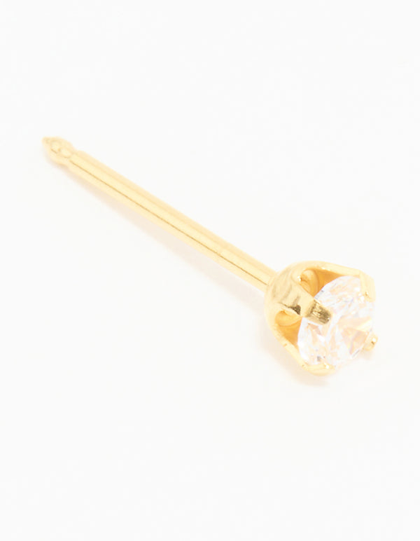 Showcasing a 24K gold plated surgical stainless steel 3MM piercing stud with cubic zirconia in clear front view