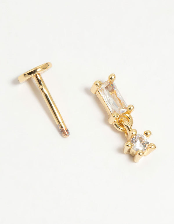 Gold Plated Surgical Steel Cubic Zirconia Baguette Drop Flat Back Stud