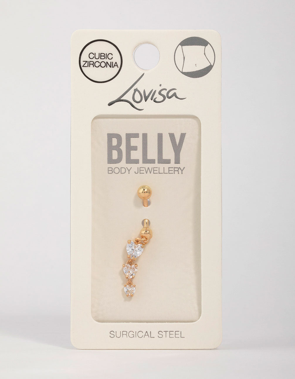 Gold Plated Surgical Steel Cubic Zirconia Triple Heart Belly Bar