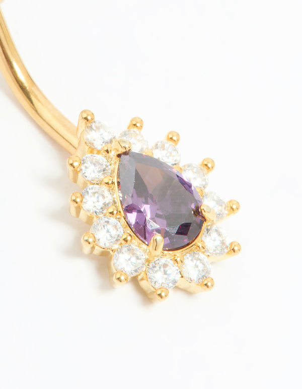 Gold Plated Surgical Steel Purple Cubic Zirconia Teardrop Belly Bar