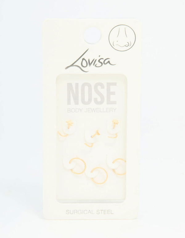 Gold Plated Surgical Steel Bow, Heart & Flower Nose Stud 3-Pack