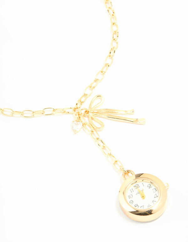 Gold Watch & Bow Charm Necklace