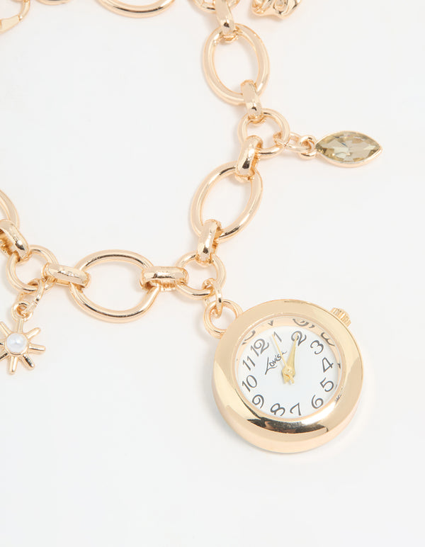 Gold Pearl Star & Watch Charm Bracelet