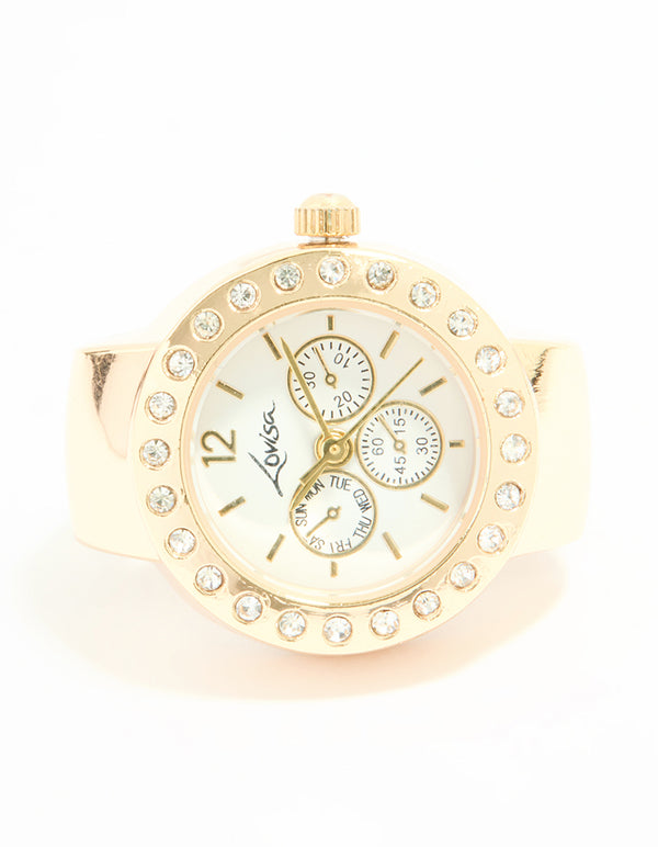 Gold Diamante Chronograph Watch Ring