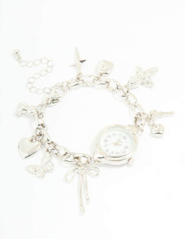 Silver Watch & Bow Charm Bracelet