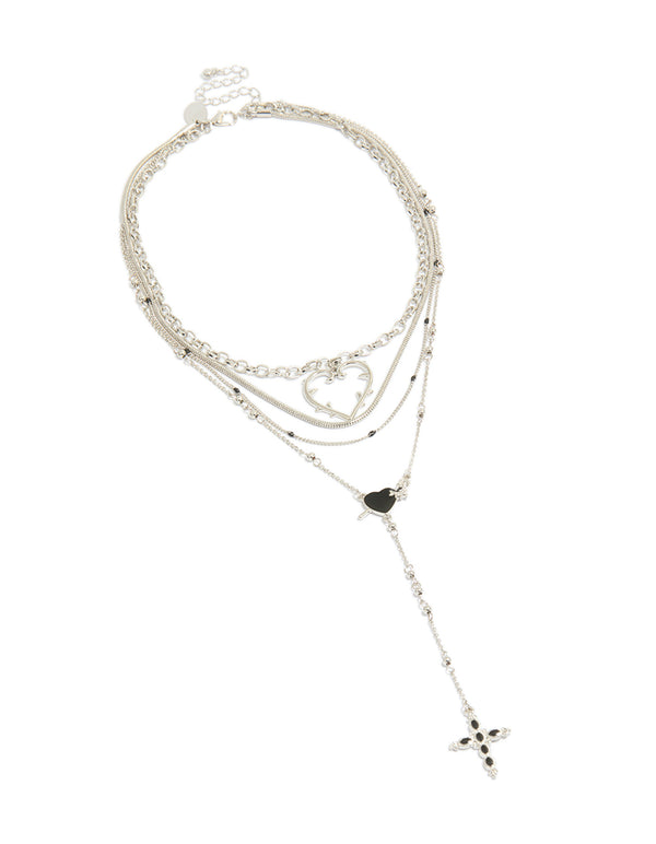 Silver Cross & Heart Layered Necklace