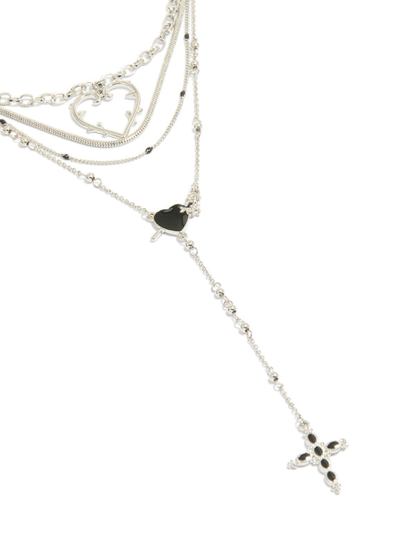 Silver Cross & Heart Layered Necklace