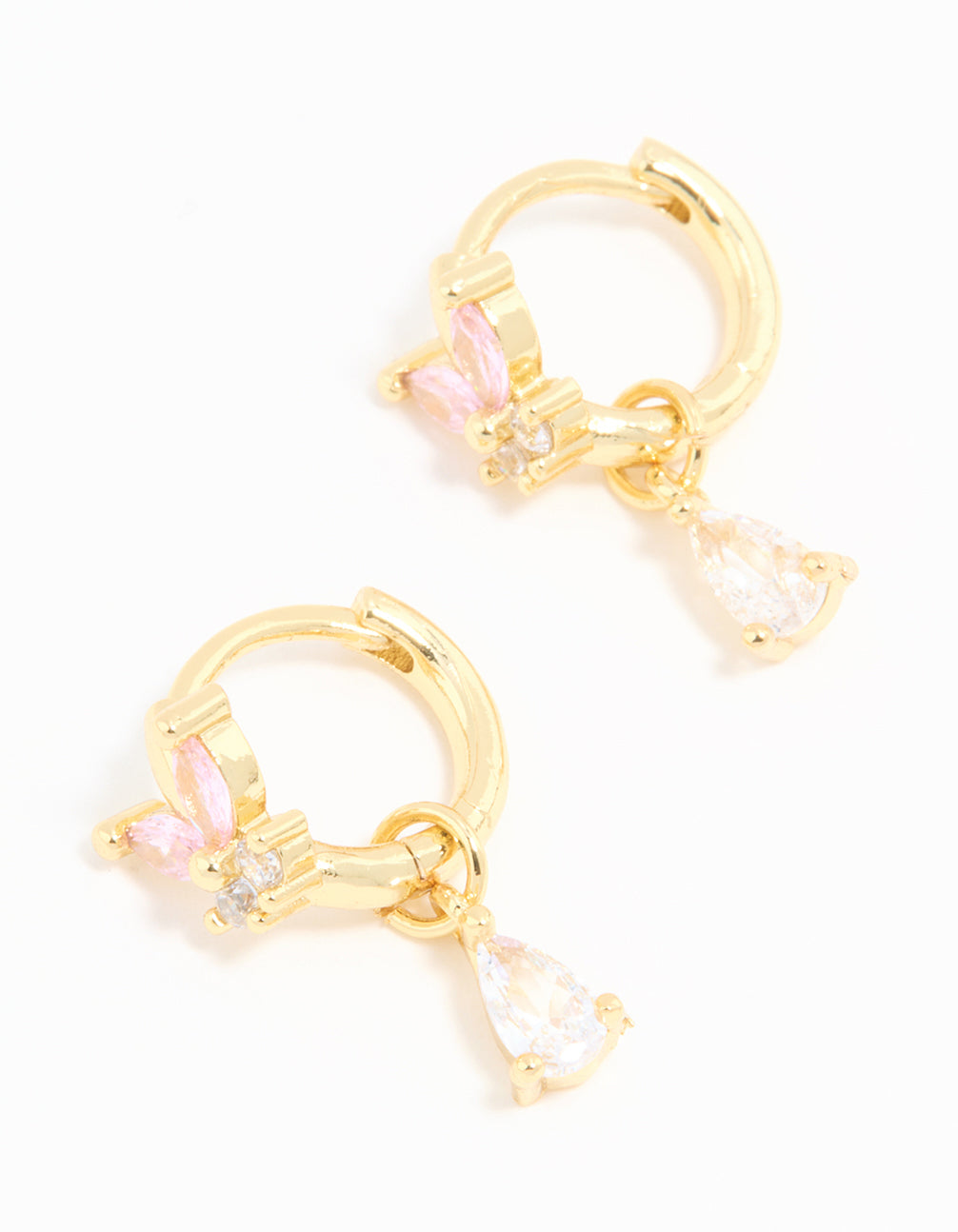 Gold Plated Pink Cubic Zirconia Butterfly Drop Huggie Earrings