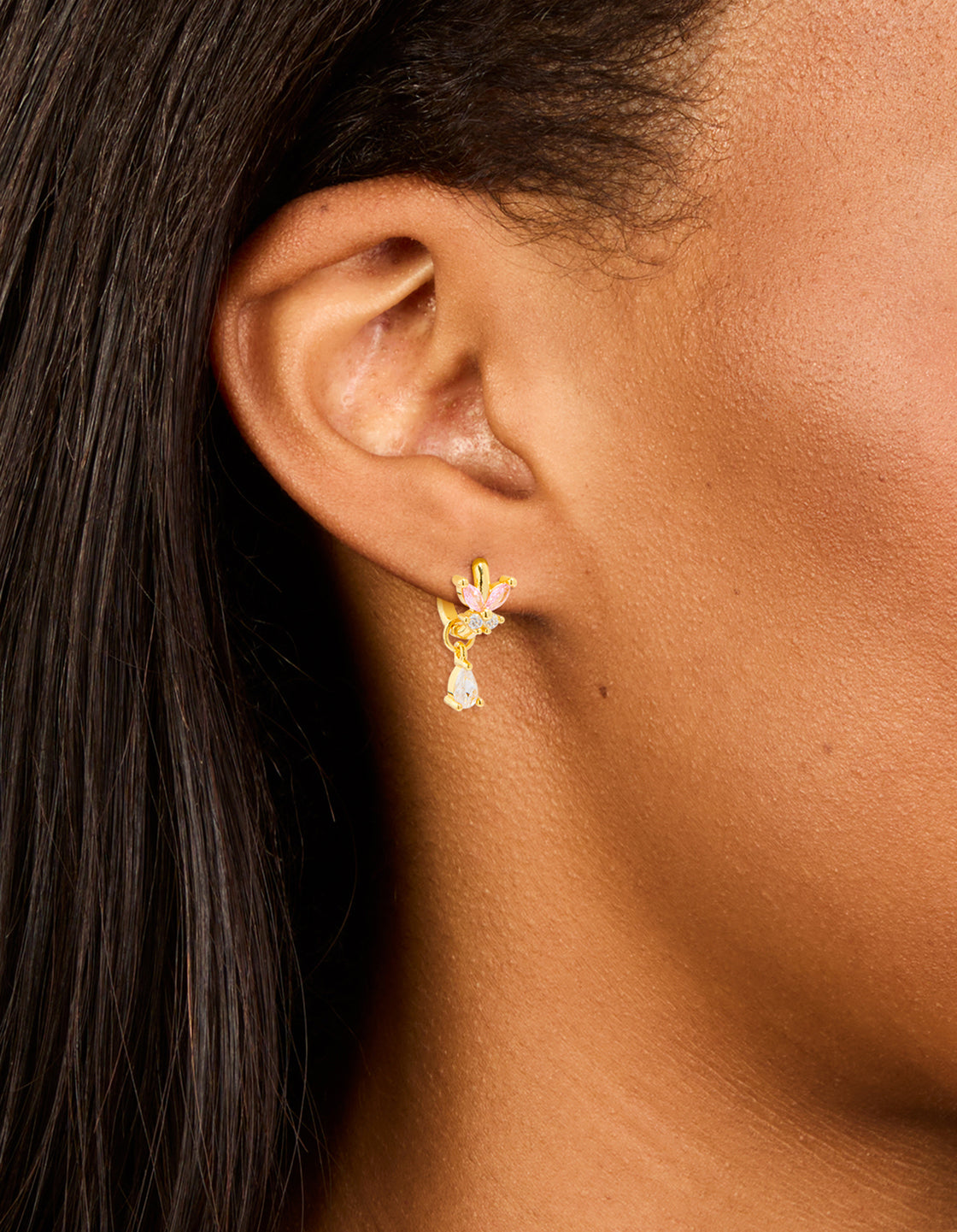 Gold Plated Pink Cubic Zirconia Butterfly Drop Huggie Earrings