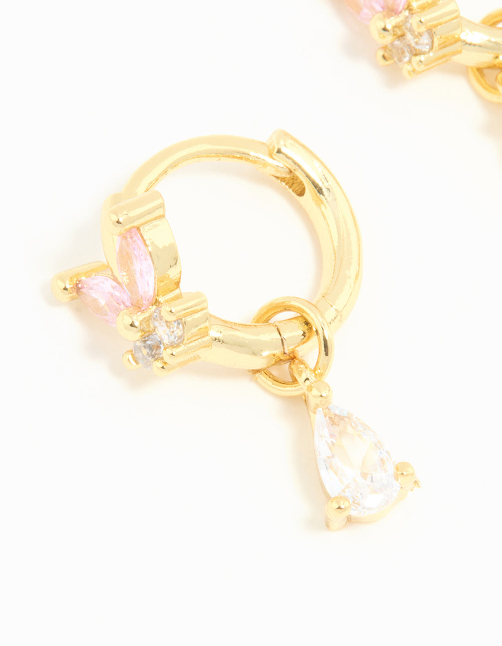 Gold Plated Pink Cubic Zirconia Butterfly Drop Huggie Earrings