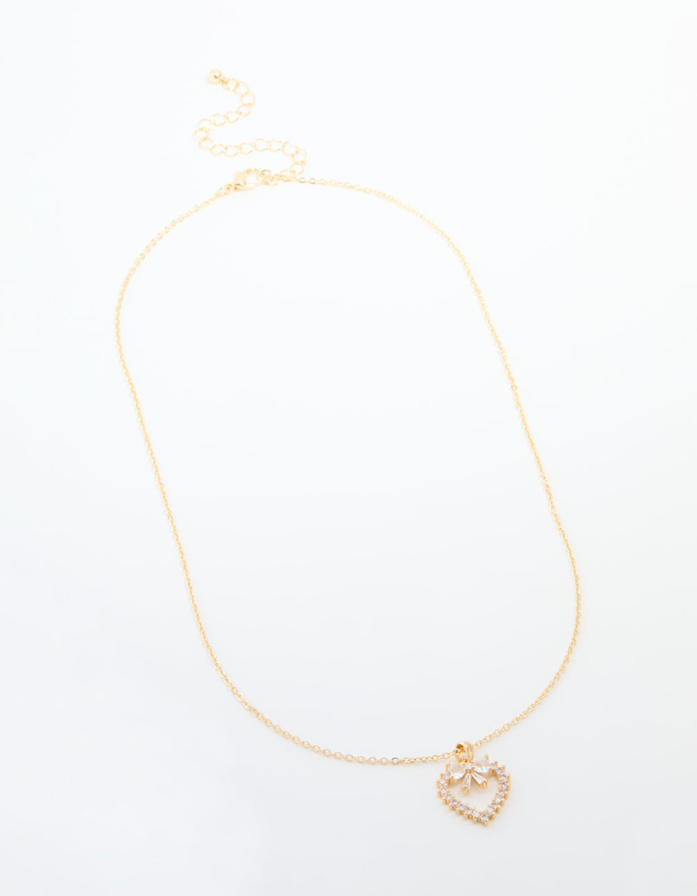 Gold Plated Cubic Zirconia Heart & Bow Pendant Necklace