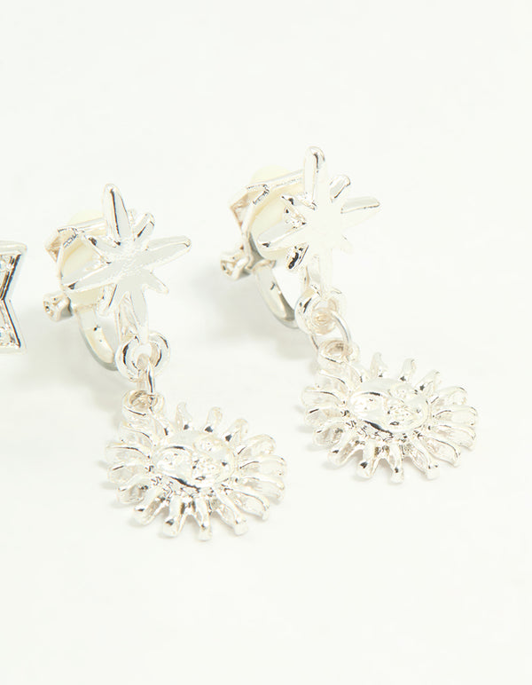 Crafted silver star and moon clip-on earrings 4-pack with celestial designs in clear post detail view