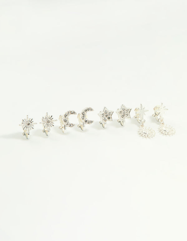 Showcasing silver star and moon clip-on earrings 4-pack featuring celestial designs in clear front view