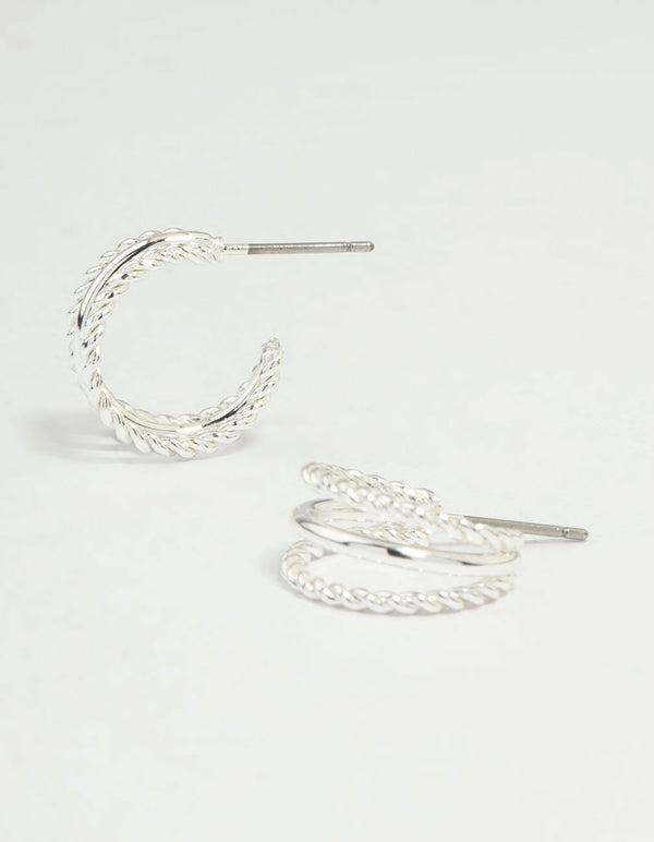 Silver Twisted & Plain Triple Hoop Earrings