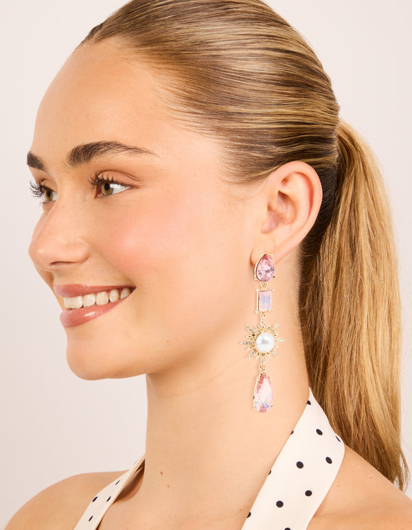 Gold Pink Diamante & Pearl Sun Drop Earrings