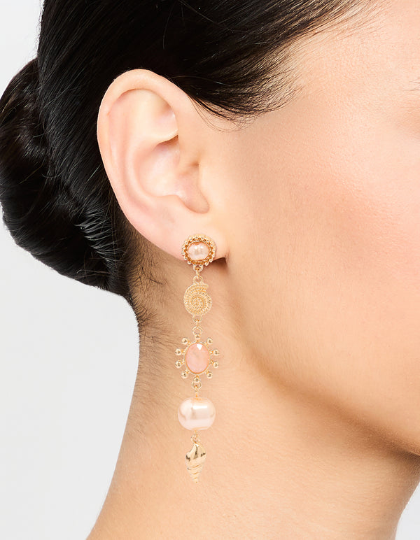 Gold Pearl & Pink Stone Drop Earrings