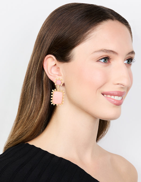 Gold Pink Stone Square Drop Earrings