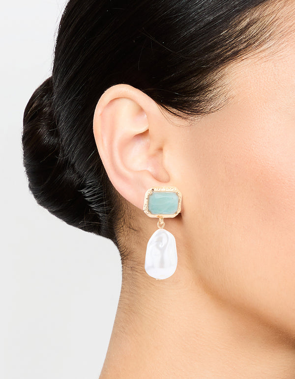 Gold Pearl & Blue Rectangle Stone Drop Earrings