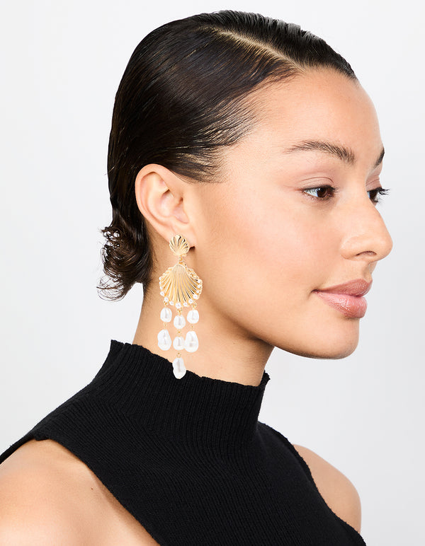 Gold Shell Pearl Drop Earrings