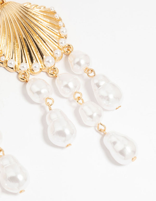 Gold Shell Pearl Drop Earrings