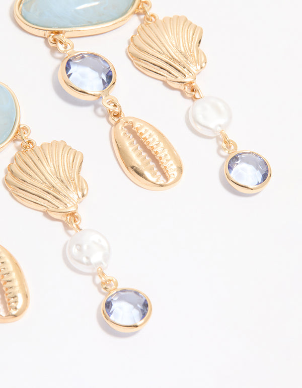 Gold Blue Marble & Shell Mobile Drop Earrings