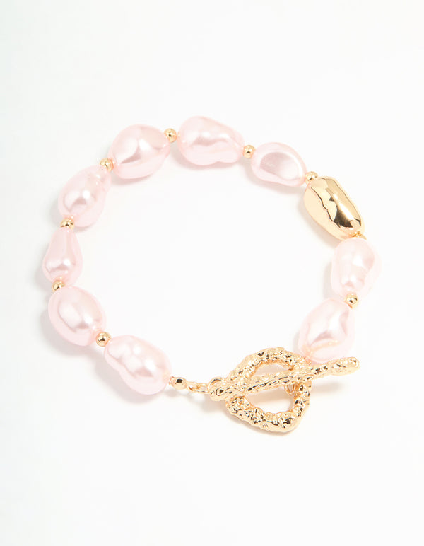 Gold Irregular Pink Pearl Textured T & O Bracelet
