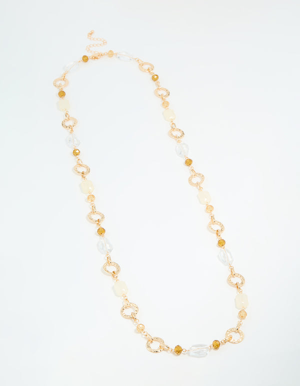 Gold Mixed Stone Textured Long Necklace