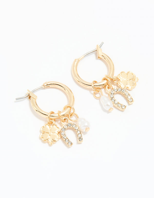 Gold Diamante Horseshoe & Clover Huggie Earrings