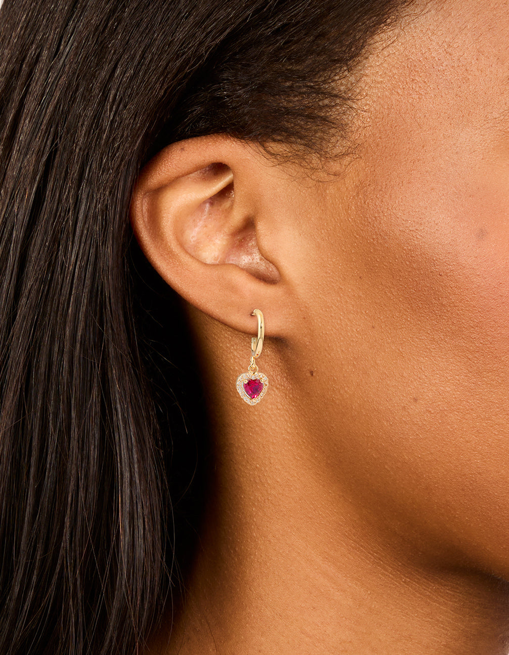 Gold Pink Cubic Zirconia Encased Heart Huggie Earrings