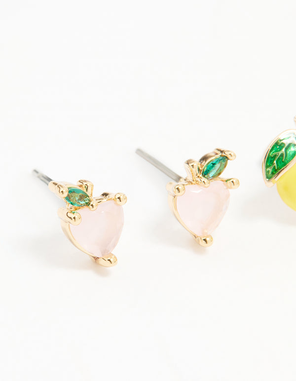 Gold Enamel Mixed Fruit Stud Earrings 3-Pack