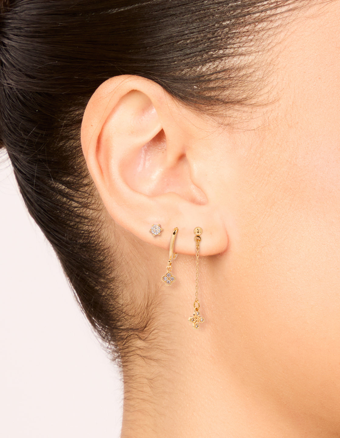 Gold Cubic Zirconia Chain & Stud Earrings 3-Pack