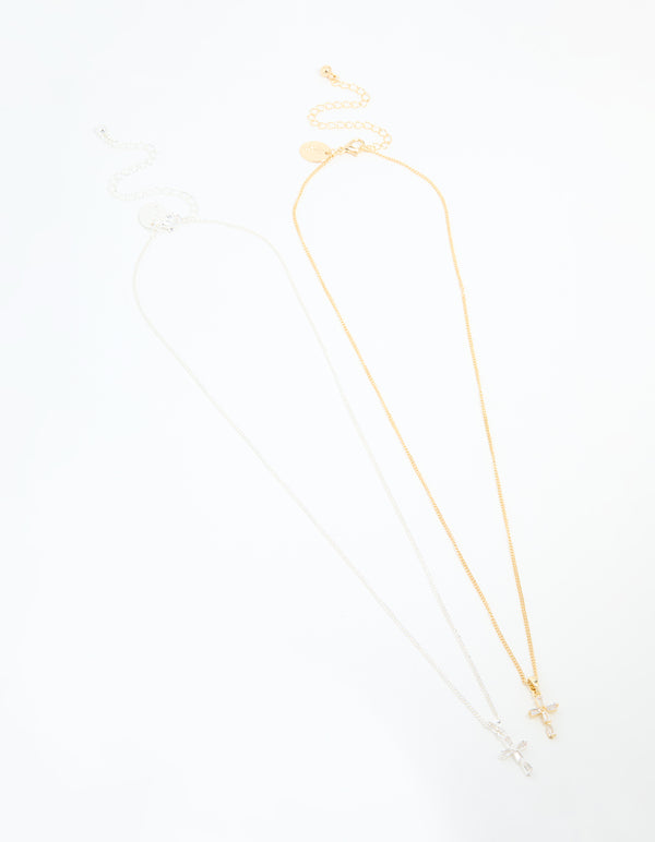 Mixed Metal Cubic Zirconia Cross Pendant Necklace Pack