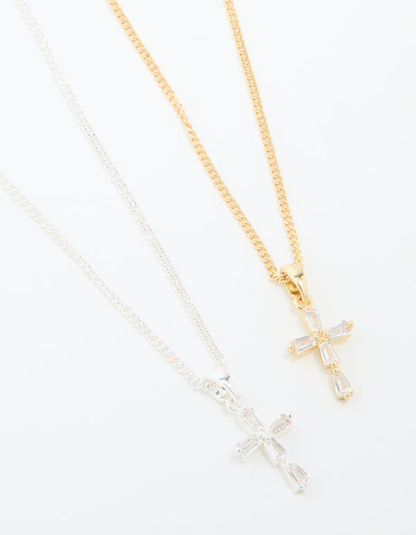 Mixed Metal Cubic Zirconia Cross Pendant Necklace Pack