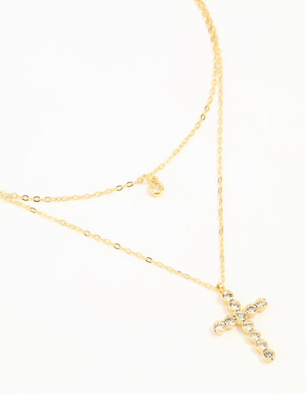 Gold Plated Diamante Cross Layered Necklace