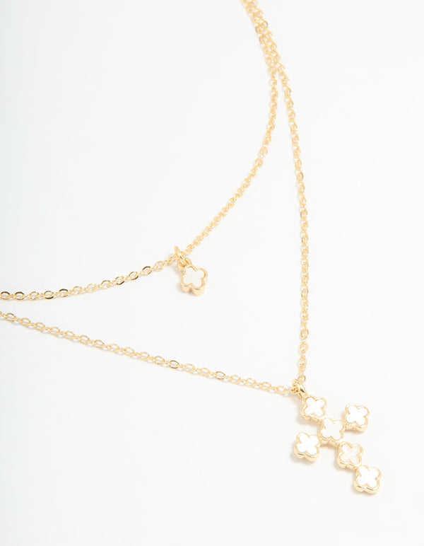 Gold Plated Flower & Cross Layered Necklace