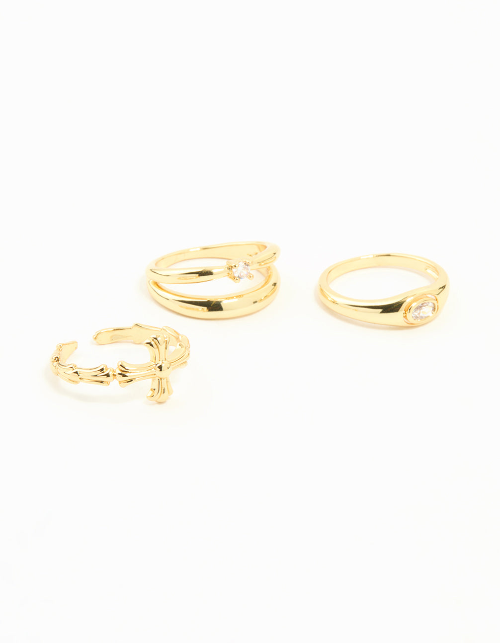 Gold Plated Cross & Diamante Stacking Rings 3-Pack