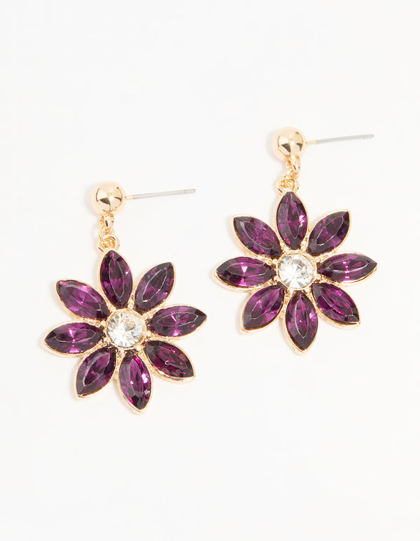 Gold Purple Diamante Flower Drop Earrings