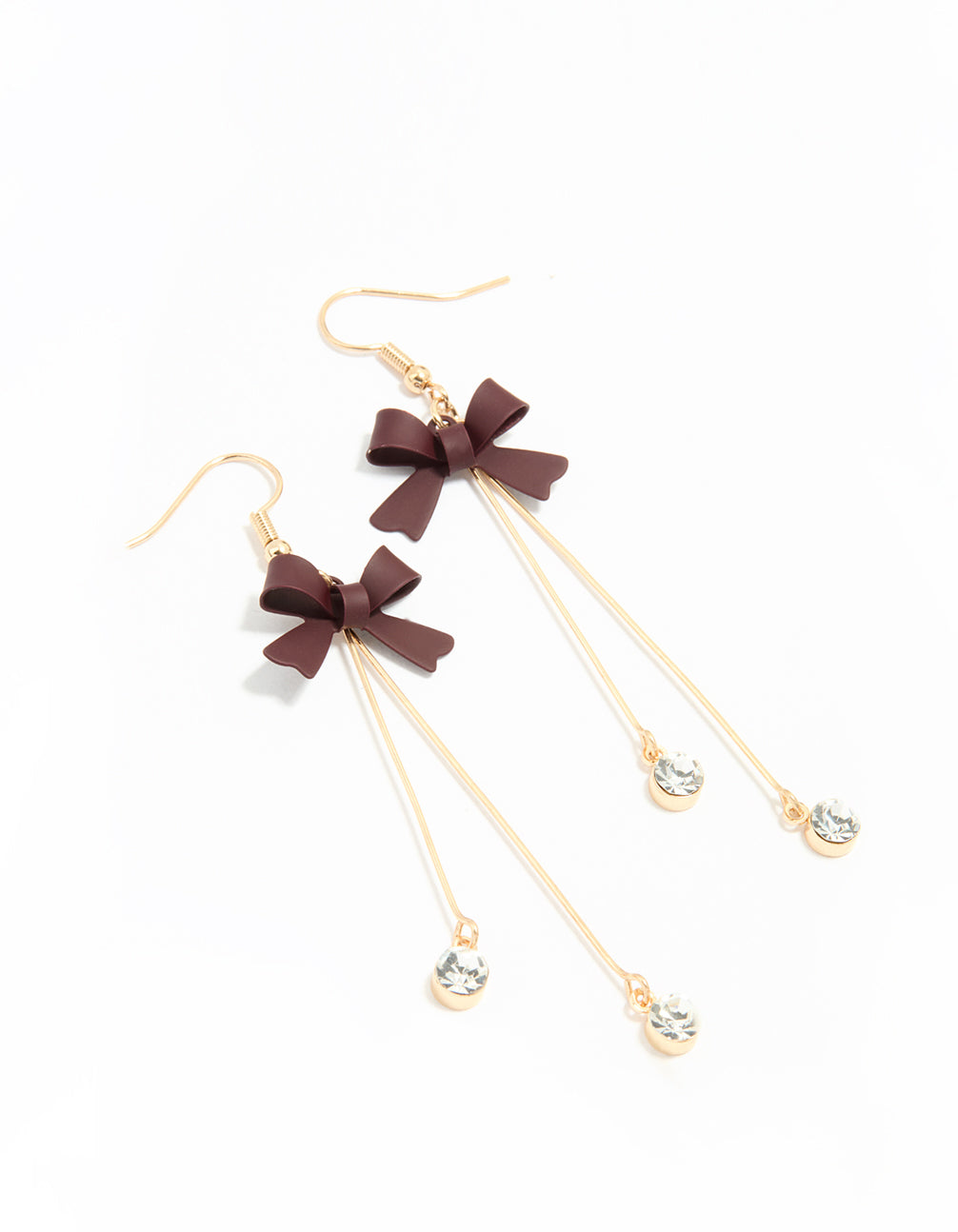Gold Diamante Brown Bow Drop Earrings