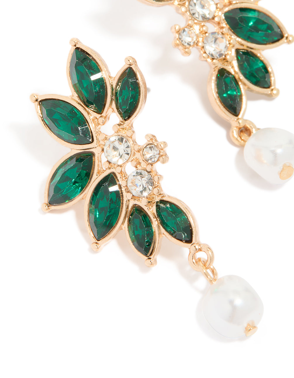 Gold Green Diamante & Pearl Marquise Stud Earrings