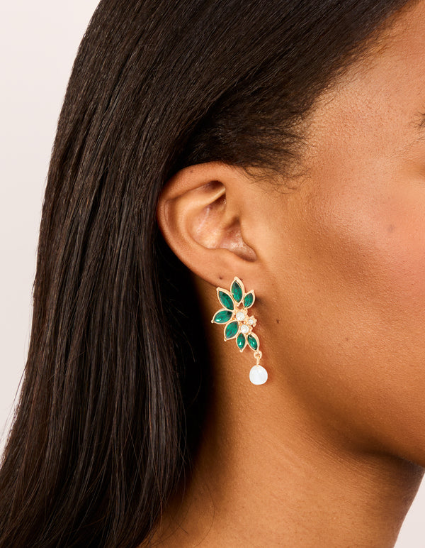 Gold Green Diamante & Pearl Marquise Stud Earrings