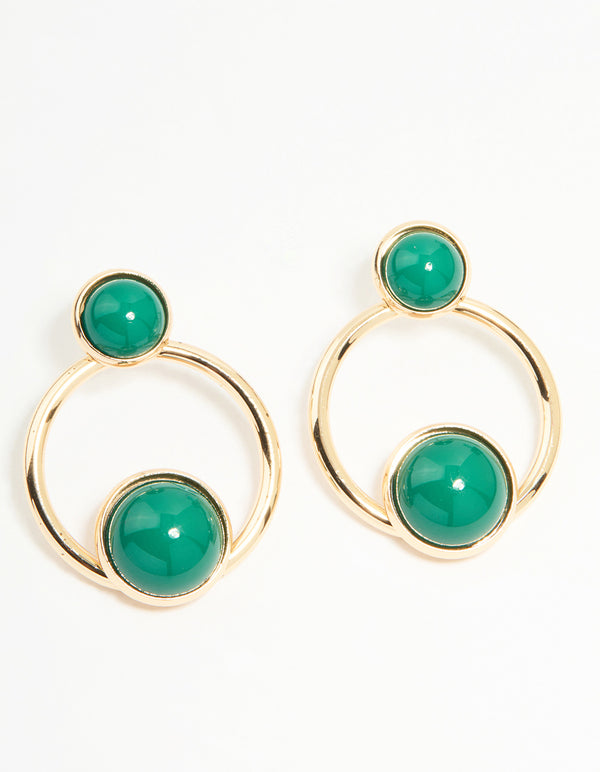 Gold Green Circles Drop Earrings