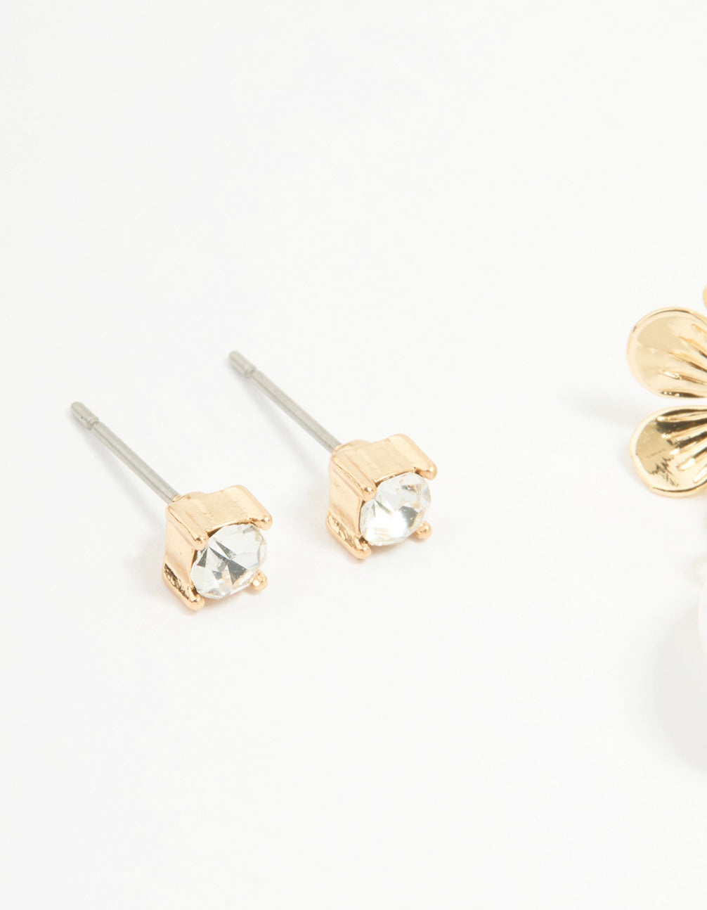 Gold Pearl Flower & Diamante Stud Earrings 2-Pack