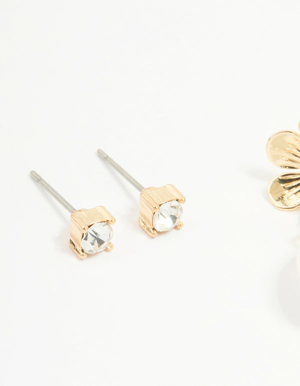 Gold Pearl Flower & Diamante Stud Earrings 2-Pack